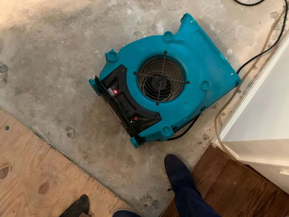 Air mover drying subfloor during Leak Detection & Repair in Grover Beach